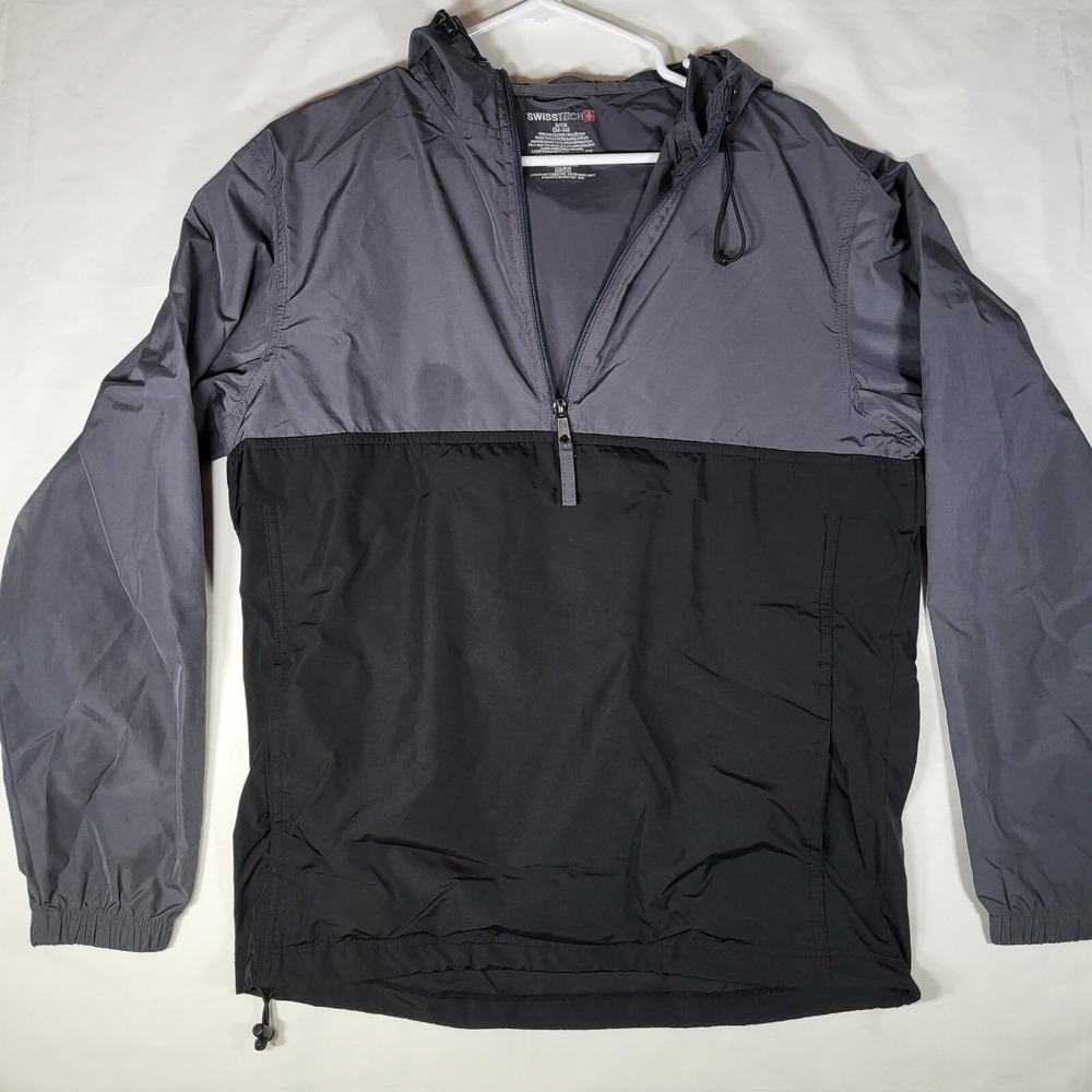 Swiss Tech Men's Small 1/4 Zip‎ Windbreaker Black Gray Light Rain Coat Jacket